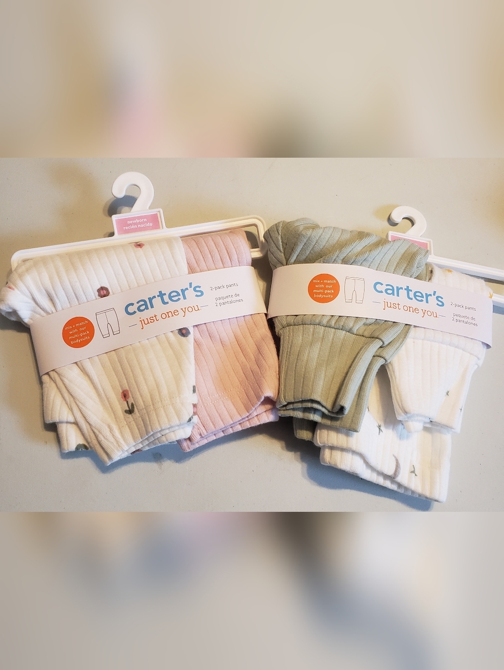 Carter's Ribbed Pants Set - Pink, Sage & 2 White With Accents